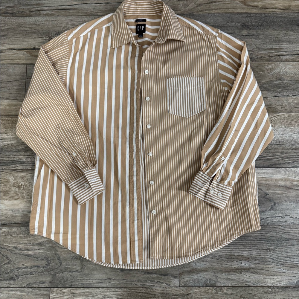 GAP Women's Tan and White Striped Button Down Shirt